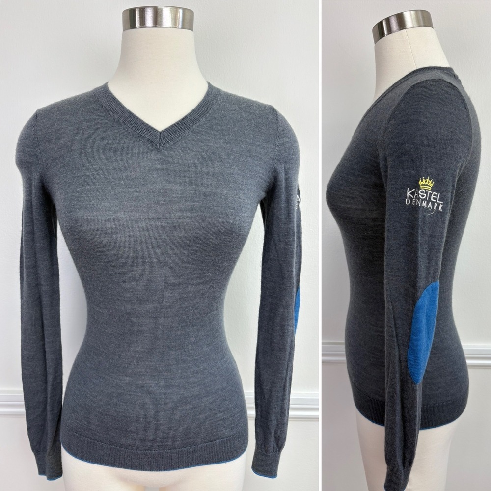 Kastel Denmark Womens Wool Sweater V Neck Size XS Gray Blue Elbow Patches